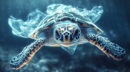 Fototapeta premium turtle swimming gracefully through serene ocean, surrounded by soft bubbles and light. underwater scene captures beauty of marine life and tranquility
