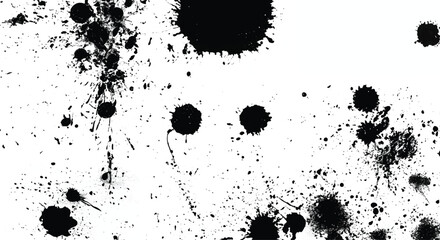 Abstract black ink splatter on a white background, creating a grunge-style texture ideal for artistic and creative designs.