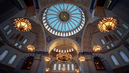 Obraz premium Ornate mosque interior with dome, chandeliers, and arches.