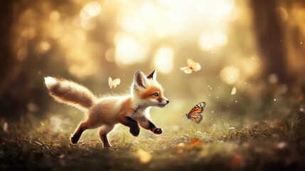 Playful Young Fox Chasing Beautiful Butterfly in Enchanted Forest