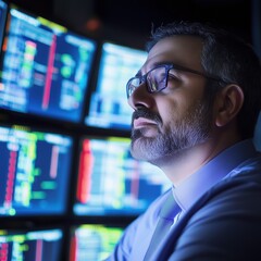 Professional trader analyzing data on digital screens in office