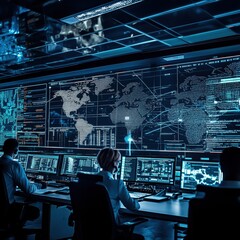 Advanced Control Room with Digital Displays and Operators at Work