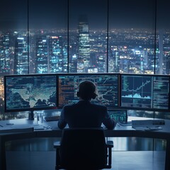 Business Professional Analyzing Data in Modern Office at Night
