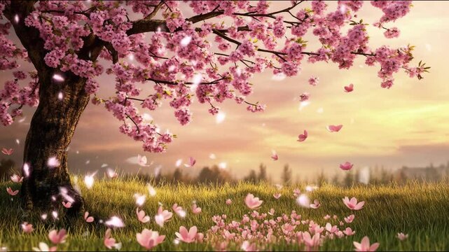 Beautiful cherry blossom tree in full bloom with petals falling onto a lush green meadow at sunset