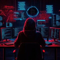 Hooded Figure Working with Multiple Computers and Digital Data Lights