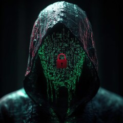 Mysterious Hooded Figure with Digital Binary Code and Lock Symbol