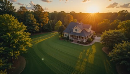 Sunset Dream House: Aerial View of Luxurious Home on Lush Green Lawn