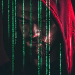 Mysterious Hooded Man Surrounded by Green Digital Code in Darkness