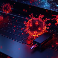 Computer Keyboard with Virus Illustration and USB Connector