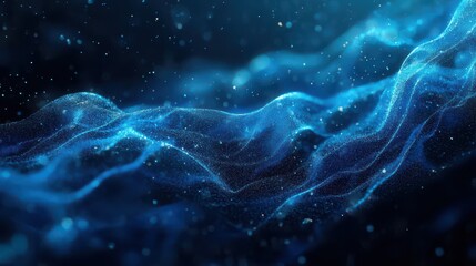Abstract Blue wave particle Flow. Turbulent and flowing water and blue liquid particles. Great for event, concert, title, presentation, music, 