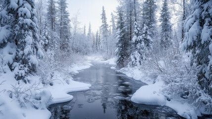 Serene Snowy Riverside in a Winter Wonderland Forest: A Tranquil Icy Landscape with Pristine Nature and Reflective Stillness
