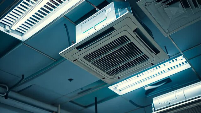A ceiling air conditioning unit with ventilation and fluorescent lights in an industrial space.