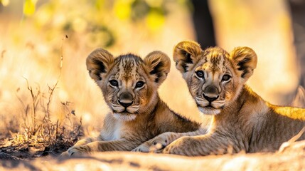 Obraz premium Two Playful Lion Cubs Resting in Warm Afternoon Light in Nature