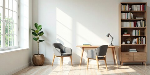 Serene Home Office Workspace with Natural Light and Minimalist Design Featuring Wooden Furniture and Greenery