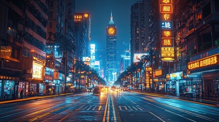 Night cityscape with vibrant lights, clock tower, and busy street.