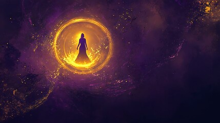 A silhouette of a mysterious woman surrounded by a glowing golden portal in a vibrant cosmic background.