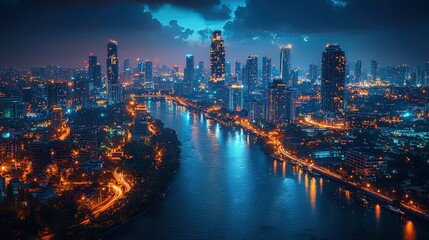 Fototapeta premium Night cityscape with river, skyscrapers, and city lights.