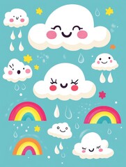 Adorable Weather Icons. Playful Kawaii Clouds and Rainbows for Fun Weather Forecast Designs