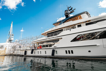 Large Superyachts at dock in shipyard located in Marina of Palma de Mallorca, in the Balearic...