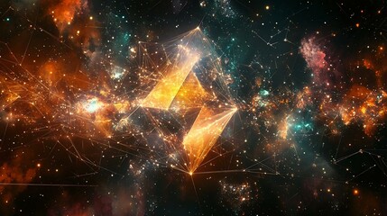 Stunning cosmic landscape with vibrant colors and abstract geometric shapes representing the universe, ideal for futuristic themes and technology.