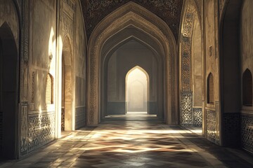 Sunlit corridor in ancient building with arched doorways and tiled walls.