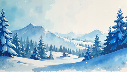 Fototapeta premium Winter landscape with snowy mountains and trees, serene tranquility
