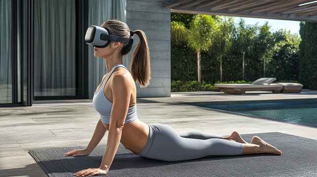 Woman Is Practicing Yoga Outdoors Mat Near Pool. Wearing Vr Headset, Suggesting Using Virtual Reality App Guided Yoga. Serene Setting Enhances Sense Relaxation Well-Being.