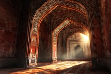Sunlit corridor in ancient Mughal architecture.