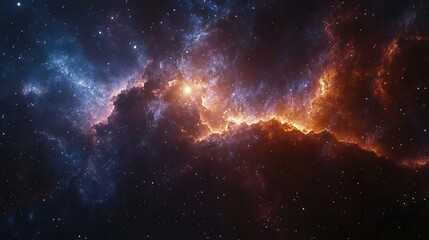 A stunning cosmic nebula glowing in vibrant colors of orange, blue, and purple, set against a vast starry backdrop of deep space.