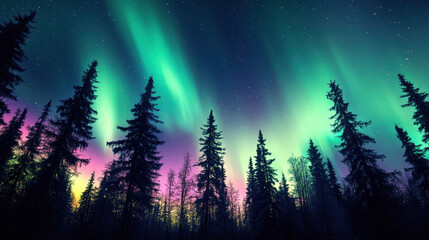 Fototapeta premium Northern Lights Sky: Capturing Nature's Celestial Beauty in a Starry Forest Night