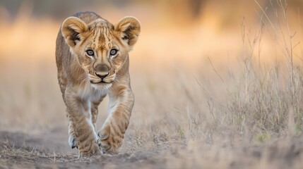 Obraz premium Young Lion Cub Walking Through a Sunny Grassland Landscape