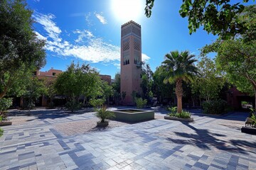 Sunlit courtyard with mosque minaret and palm trees.