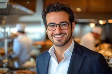 Obraz premium Smiling man in glasses and suit jacket, in a restaurant setting. Ideal for business, hospitality, or leadership concepts.