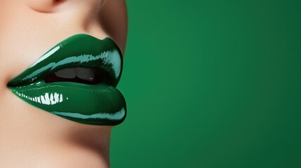 A striking close-up of a pair of vivid green lips with a high-gloss finish that enhances their allure, symbolizing boldness and contemporary beauty trends in makeup.