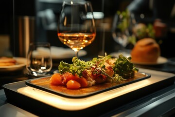 Gourmet meal served with wine in a luxurious fine dining restaurant
