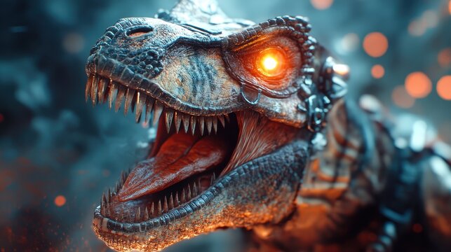 This stunning image depicts a massive cybernetic T-Rex with glowing eyes, exuding power and intensity, set against a dramatic, smoky background with sparks. - Powered by Adobe