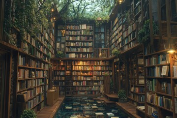 Cozy old library with wooden shelves filled with antique books