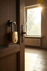A Combination Lock Secures a Wooden Door Ajar, Sunlight Streaming Through a Nearby Window, Illuminating a Room with Hardwood Floors