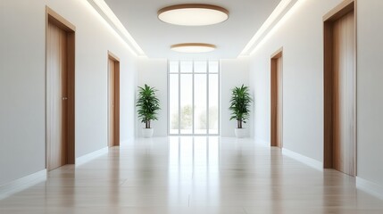 Obraz premium A stylish corridor is illuminated by natural light streaming through large windows, creating an inviting atmosphere with potted greenery adding warmth to the space.