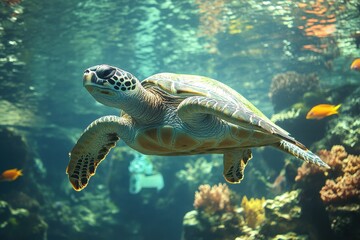 Obraz premium Graceful sea turtle exploring the underwater world among coral formations