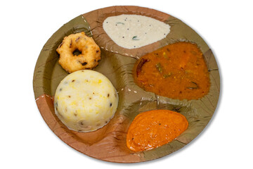 Classic Pongal Vada Breakfast Combo Hotel Style With Ven Pongal, Medu vada, Toor dal Sambar, Coconut Chutney, Red Chutney Served on a Leaf Plate with Transparent Background PNG