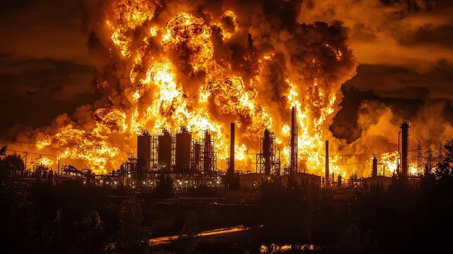 Depiction of a catastrophic factory explosion involving hazardous chemicals.