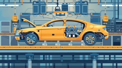 Modern Car Manufacturing Line with Technical Illustrations