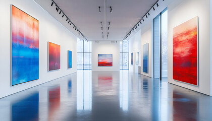 Fototapeta premium Modern art gallery with abstract paintings and natural light through large windows