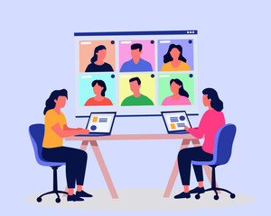 Illustration of two women working on laptops during a video conference call with multiple participants. Represents remote work, online meetings, virtual teamwork, telecommuting, business communication