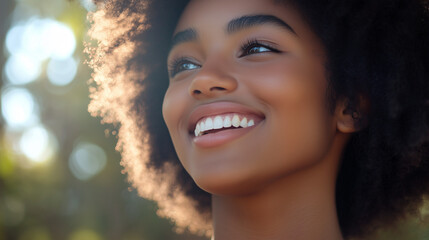 African American woman beams with joy, radiating warmth and confidence.