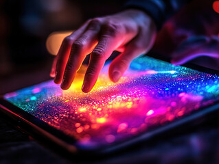 Close-up of man’s hand using tablet on laptop for social media marketing