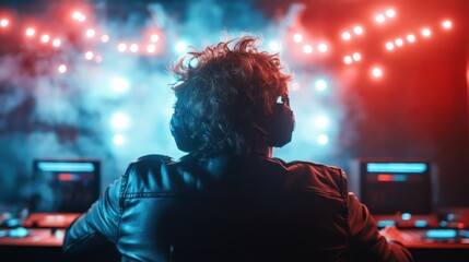A DJ commands the stage in a vibrant atmosphere filled with colorful lights and smoke, embodying the energy and excitement of live music events and nightlife.