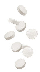 Falling cheese Camembert or Brie, isolated on white background, full depth of field