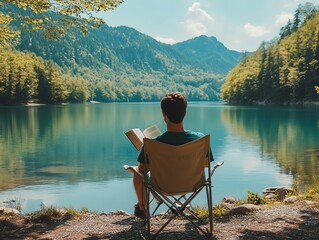 Man sitting in a chair by the lake, reading a book, rearview view, sunny summer morning, calm vacation vibes, coffee on the table, enjoying holiday relaxation in nature